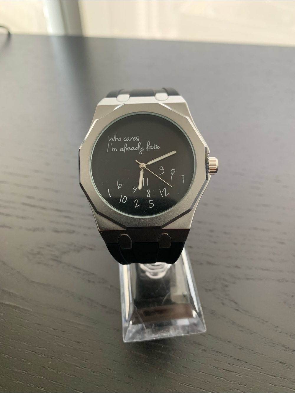 Who Cares I’m Already Late dial watch Royal Oak style Silver Bezel Black Dial